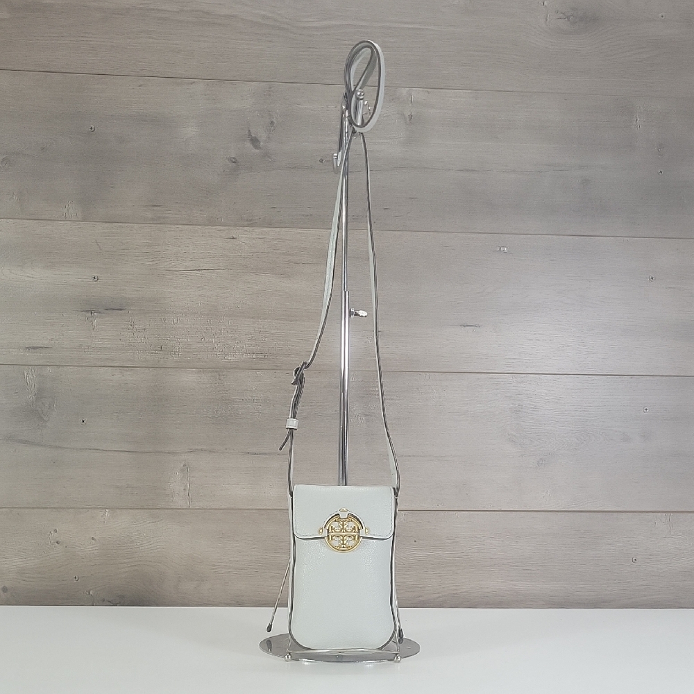 Tory Burch Miller Feather Gray Leather Phone Crossbody Shoulder Bag Purse